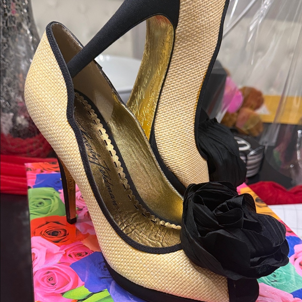Beverly Feldman Black and Tan Heels with Floral Accent